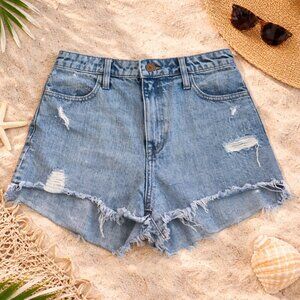 Show Me Your MuMu High Rise Distressed Denim Shorts Size 25 Light Wash Raw Hem